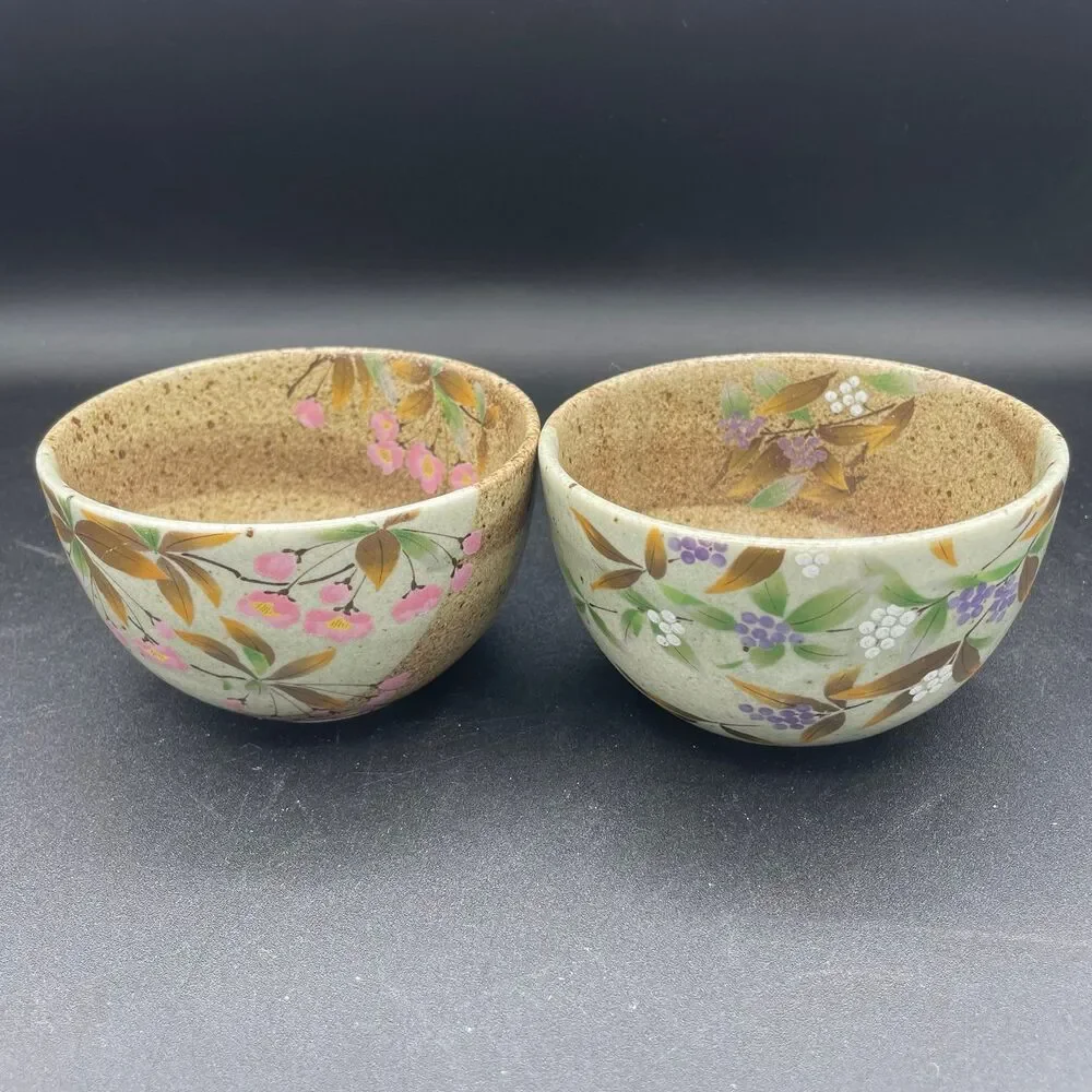 Set of 2 Japanese Ceramic Bowls Pink Cherry Blossom Gold Accent Fine Dinnerware